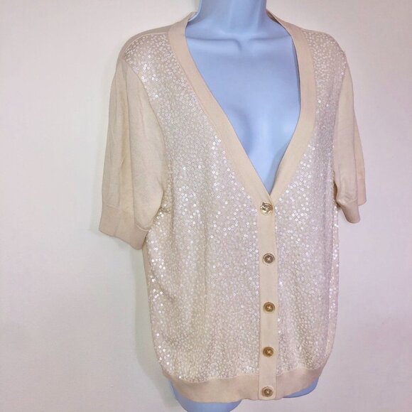 Talbots Knit Top Womens XL Sweater Beige Short Sleeve Cardigan V Neck Sequins - Picture 4 of 7